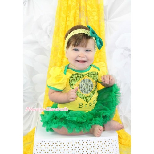 World Cup Brazil Yellow Baby Bodysuit Jumpsuit Kelly Green Pettiskirt With Sparkle Crystal Bling Rhinestone Brazil Heart Print With Yellow Headband Kelly Green Satin Bow JS3418